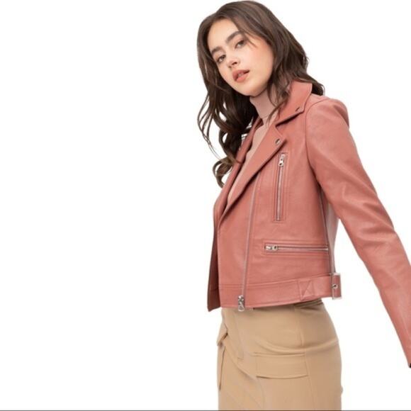 NWT Montrez Moto Jacket Womens M Pink Faux Leather Belted Zipper Edgy Bikercore - Picture 4 of 8